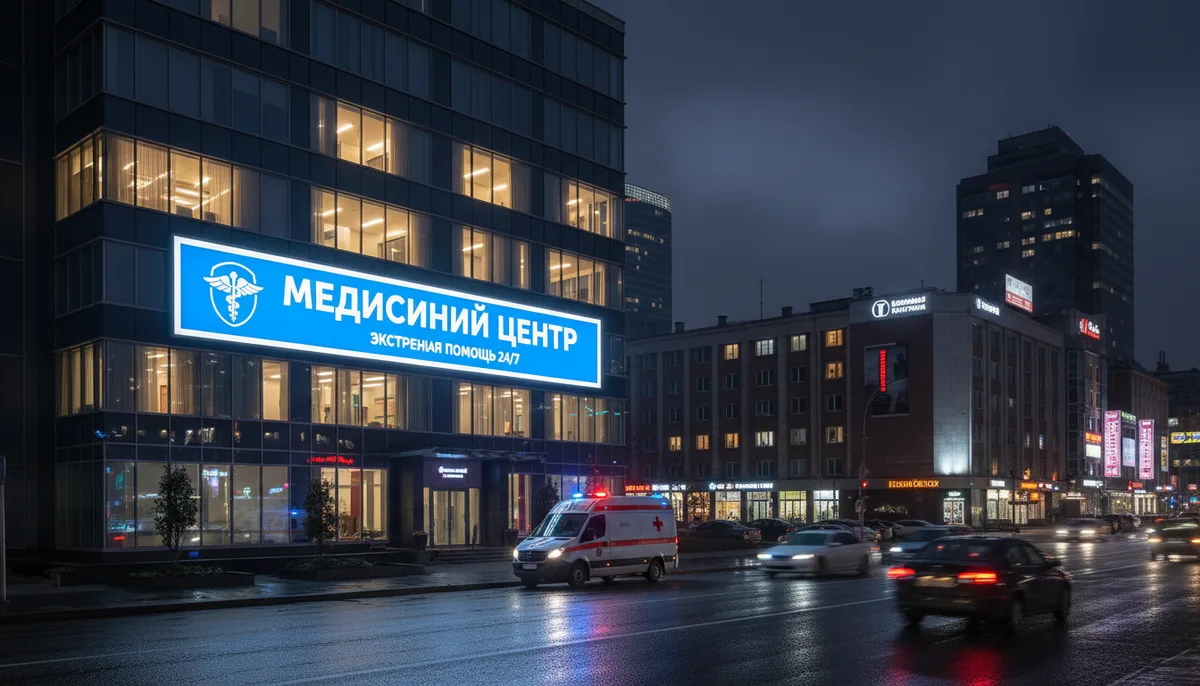 Ночной городской пейзаж, освещённая вывеска медицинского учреждения, машина скорой помощи