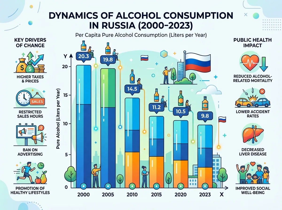 Инфографика динамики потребления алкоголя в России с 2000 по 2023 год, столбчатая диаграмма на светлом фоне