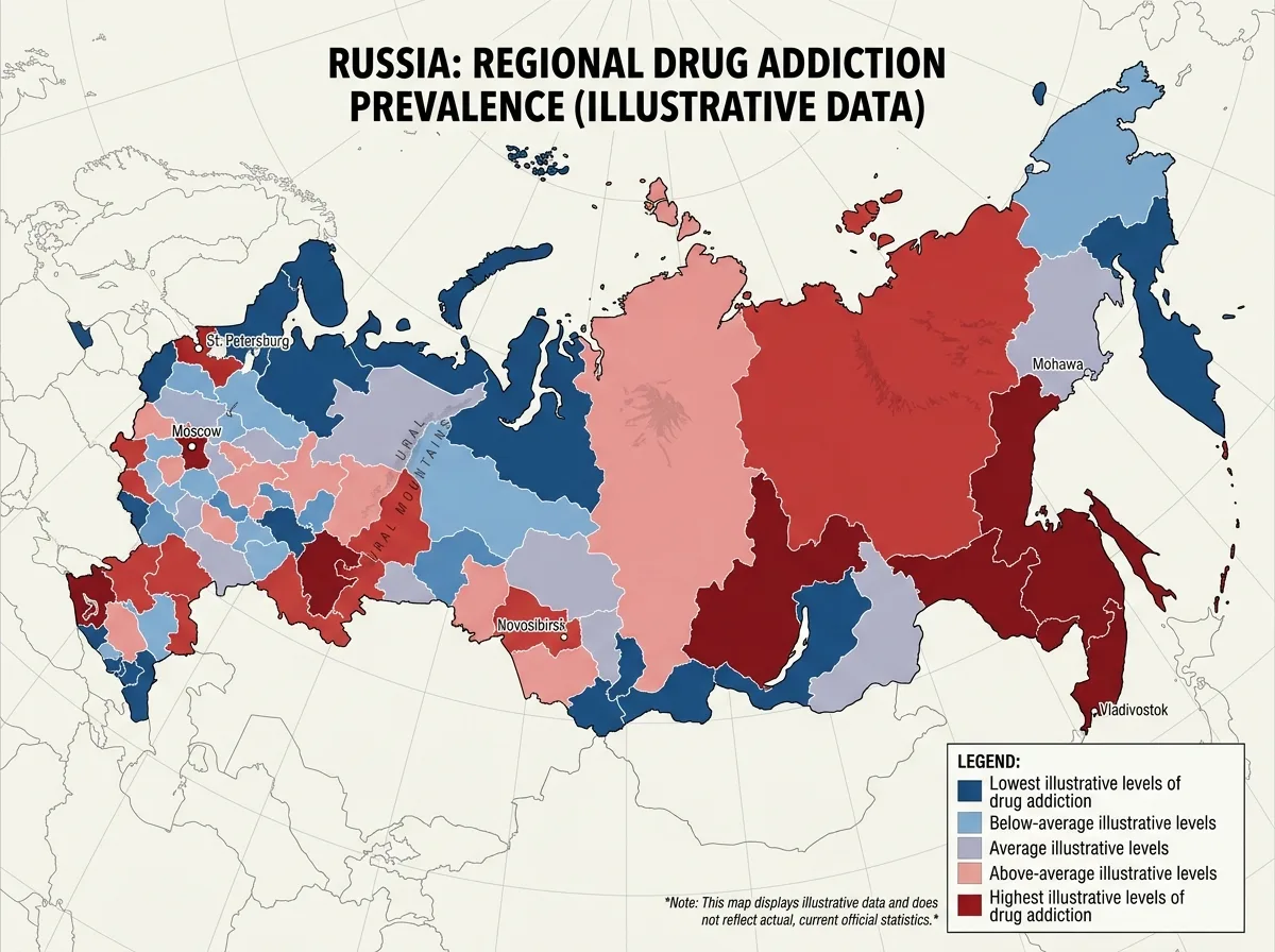 Карта России с цветовой градацией по уровню наркологической заболеваемости в регионах, тёмно-синие и красные оттенки