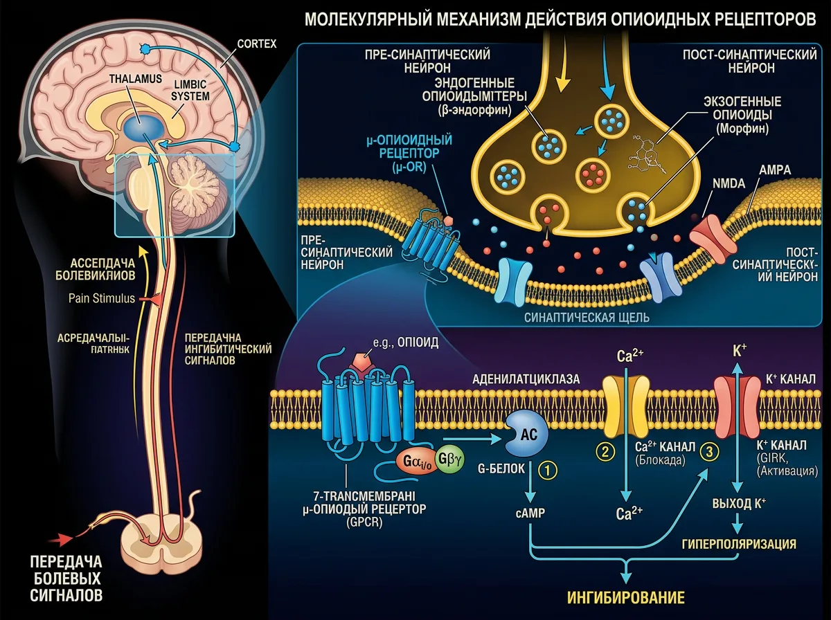 Схематичное изображение механизма действия опиоидных рецепторов в головном мозге — нейронные связи, молекулярная модель