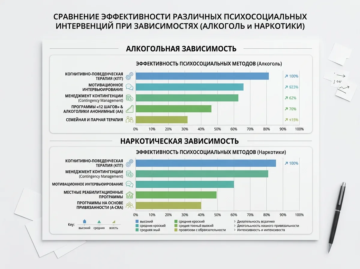 Диаграмма сравнения эффективности различных психосоциальных интервенций при алкогольной и наркотической зависимости на белом фоне