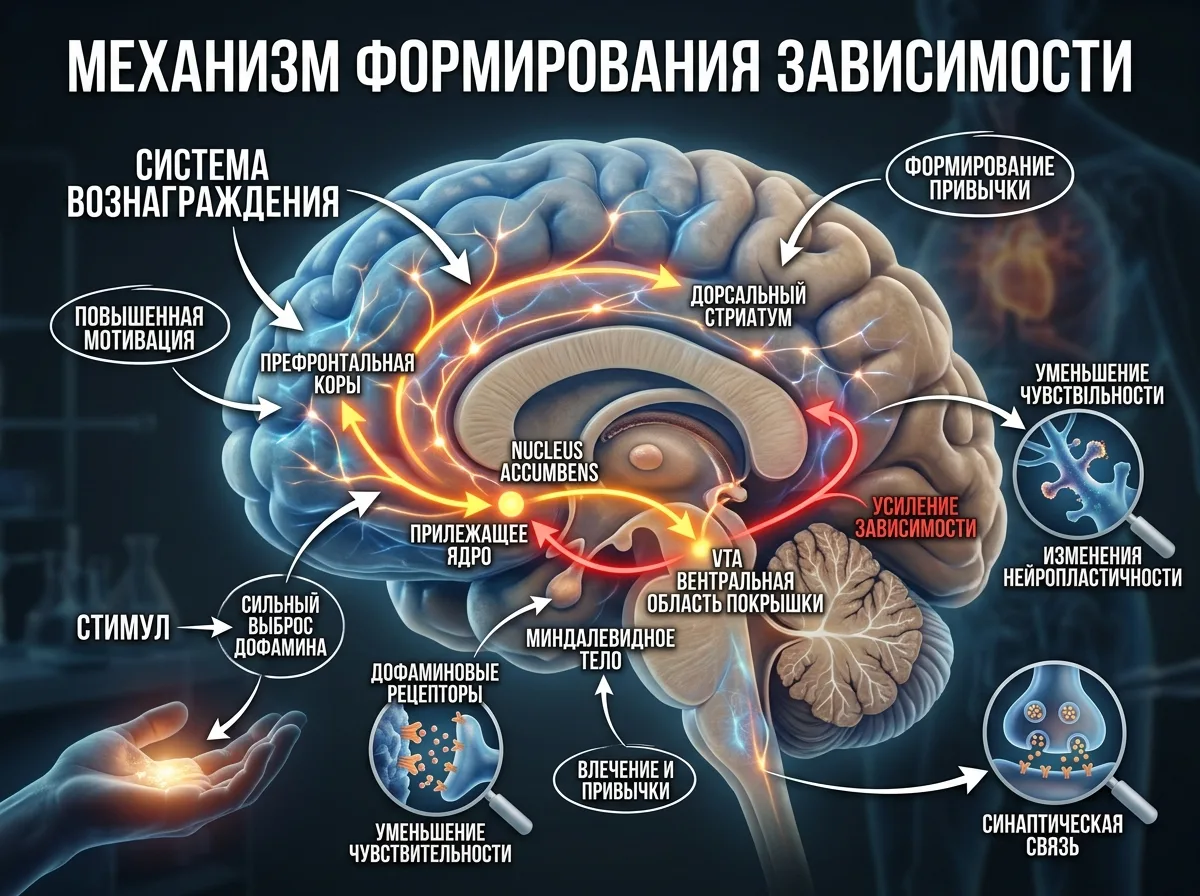 Схематичное изображение нейронных связей головного мозга, иллюстрирующее механизм формирования зависимости
